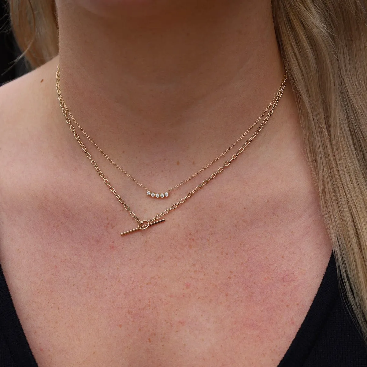 14K Gold 5 Diamond Bezel Necklace