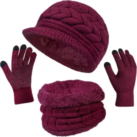 3-Pieces Winter Hat Gloves Scarf Set, Knit Warm Beanie Hat Neck Warmer Touch Screen Mittens for Women