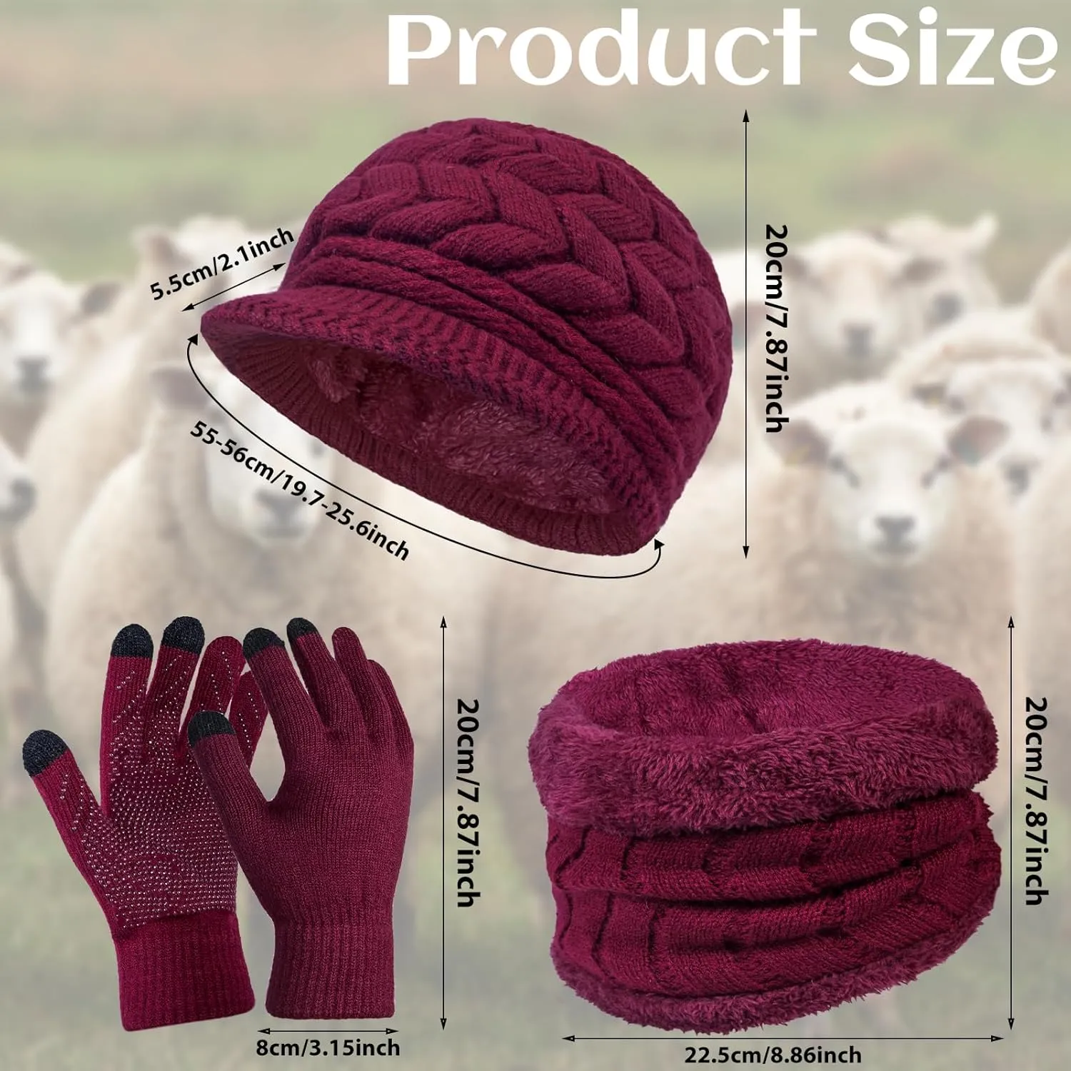 3-Pieces Winter Hat Gloves Scarf Set, Knit Warm Beanie Hat Neck Warmer Touch Screen Mittens for Women