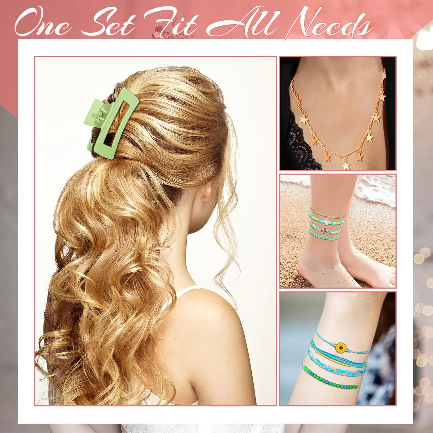 49 Pcs Surfer Wave String Friendship Bracelets Layered Choker Square Hair Clip Accessories for Women