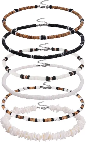 6Pcs Puka Shell Necklace Men Seashell Necklace Summer Beach Surfer Necklace for Men Women Hawaiian Necklace for Men White Necklace Beach Jewelry