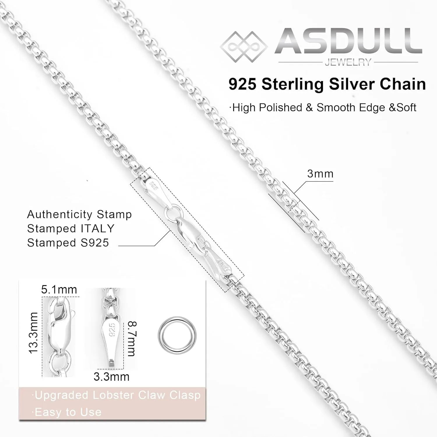 925 Sterling Silver Box Chain 2/3/4/5mm Necklace for Men Silver Link Chain for Women 16/18/20/22/24/26/30 Inches