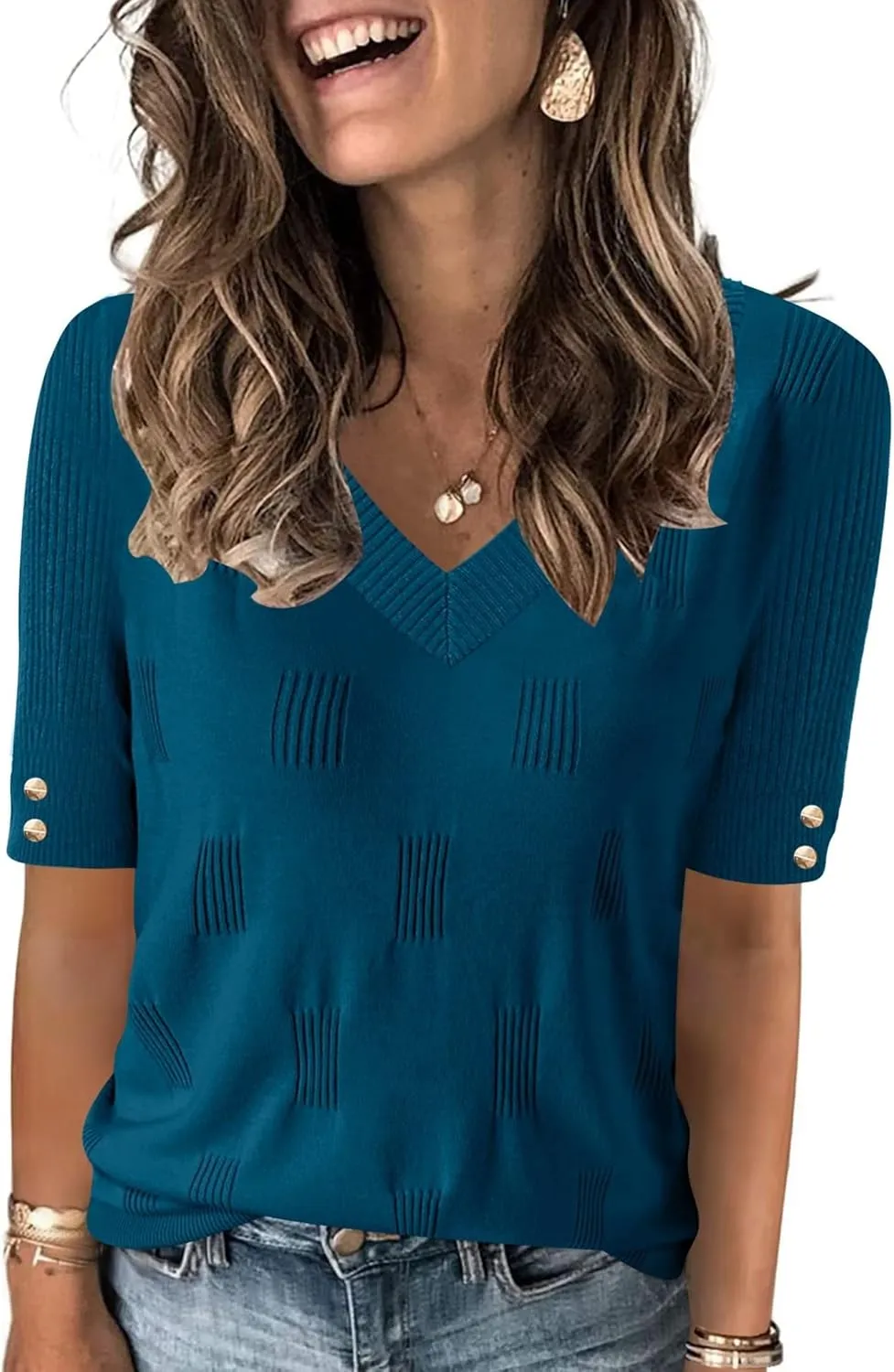 AKEWEI Womens V Neck Sweater Short Sleeve Lightweight Knit Spring Summer Tops with Decorative Buttons