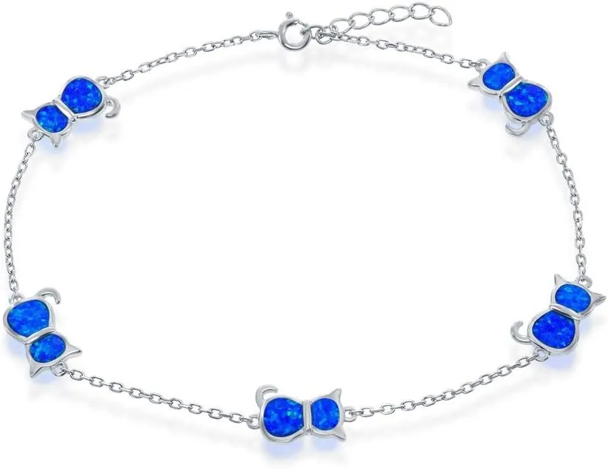 Beaux Bijoux 925 Sterling Silver Rhodium Plated Blue/White Created Opal Turtle/Natural Abalone Shell Butterfly/Crescent Moon/Crab Design 9 1 Charm Anklet/Bracelet Jewelry for Women