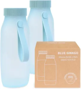 BLUE GINKGO Collapsible Water Bottle [2-Pack]  Lightweight, Foldable Silicone Bottles for Travel, Hiking, and Camping (16.9oz, Made in Korea, Blue)