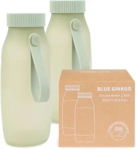 BLUE GINKGO Collapsible Water Bottle [2-Pack]  Lightweight, Foldable Silicone Bottles for Travel, Hiking, and Camping (16.9oz, Made in Korea, Olive Green)