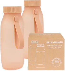 BLUE GINKGO Collapsible Water Bottle [2-Pack]  Lightweight, Foldable Silicone Bottles for Travel, Hiking, and Camping (16.9oz, Made in Korea, Peach)