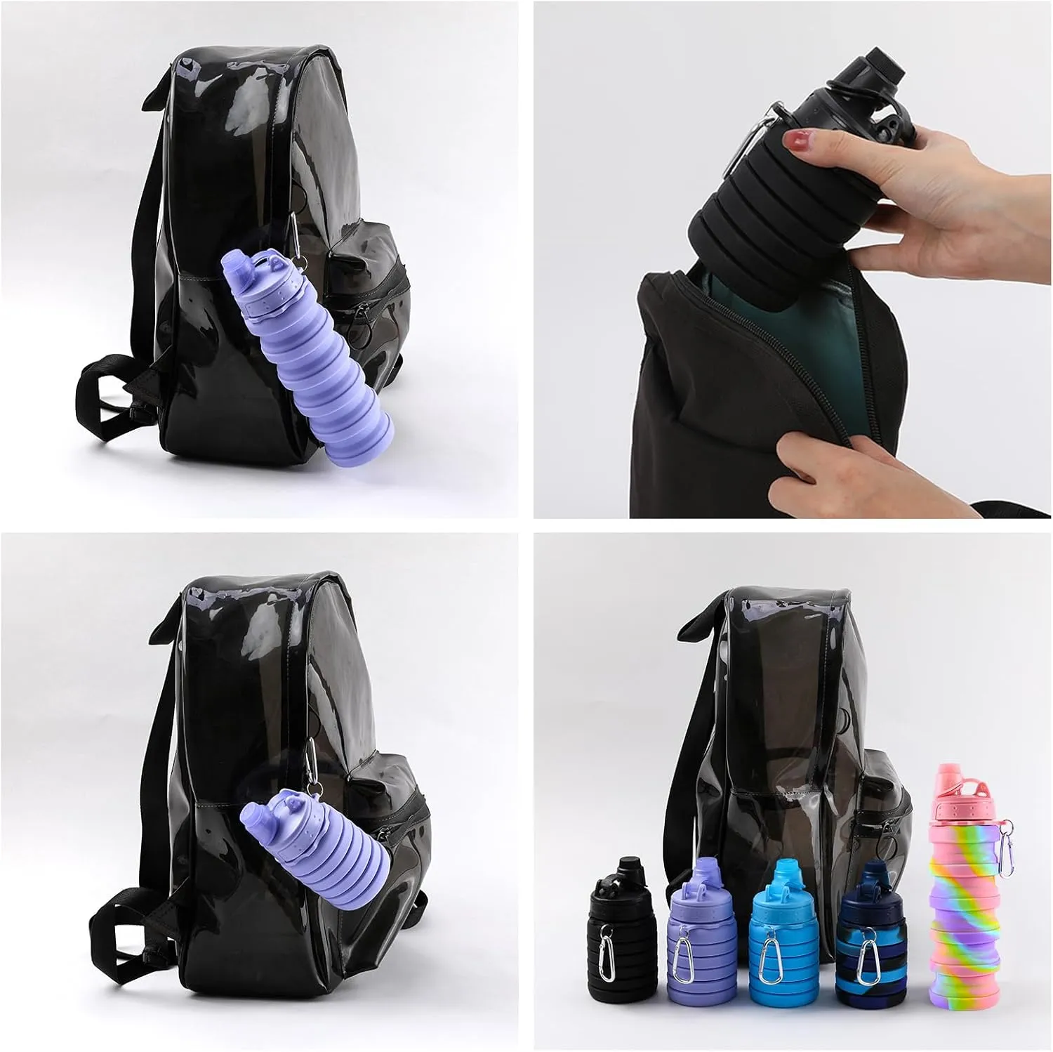 Collapsible Water Bottle for Adults, Boys, Students, Kids, Reusable Silicone Foldable Water Bottles for Travel Camping Hiking Sports,Leak-Proof Portable Sports Water Bottle ( Purple & Black)