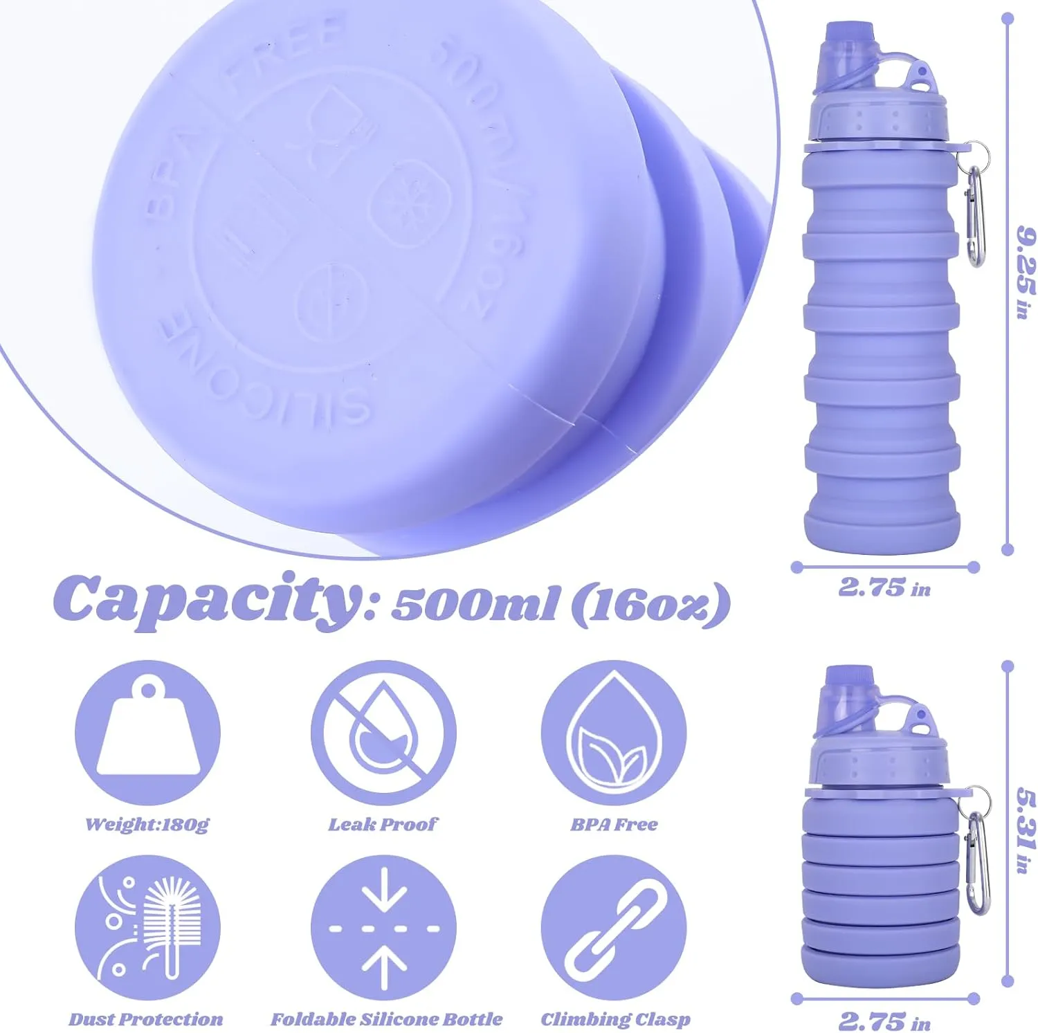 Collapsible Water Bottle for Adults, Boys, Students, Kids, Reusable Silicone Foldable Water Bottles for Travel Camping Hiking Sports,Leak-Proof Portable Sports Water Bottle ( Purple & Black)
