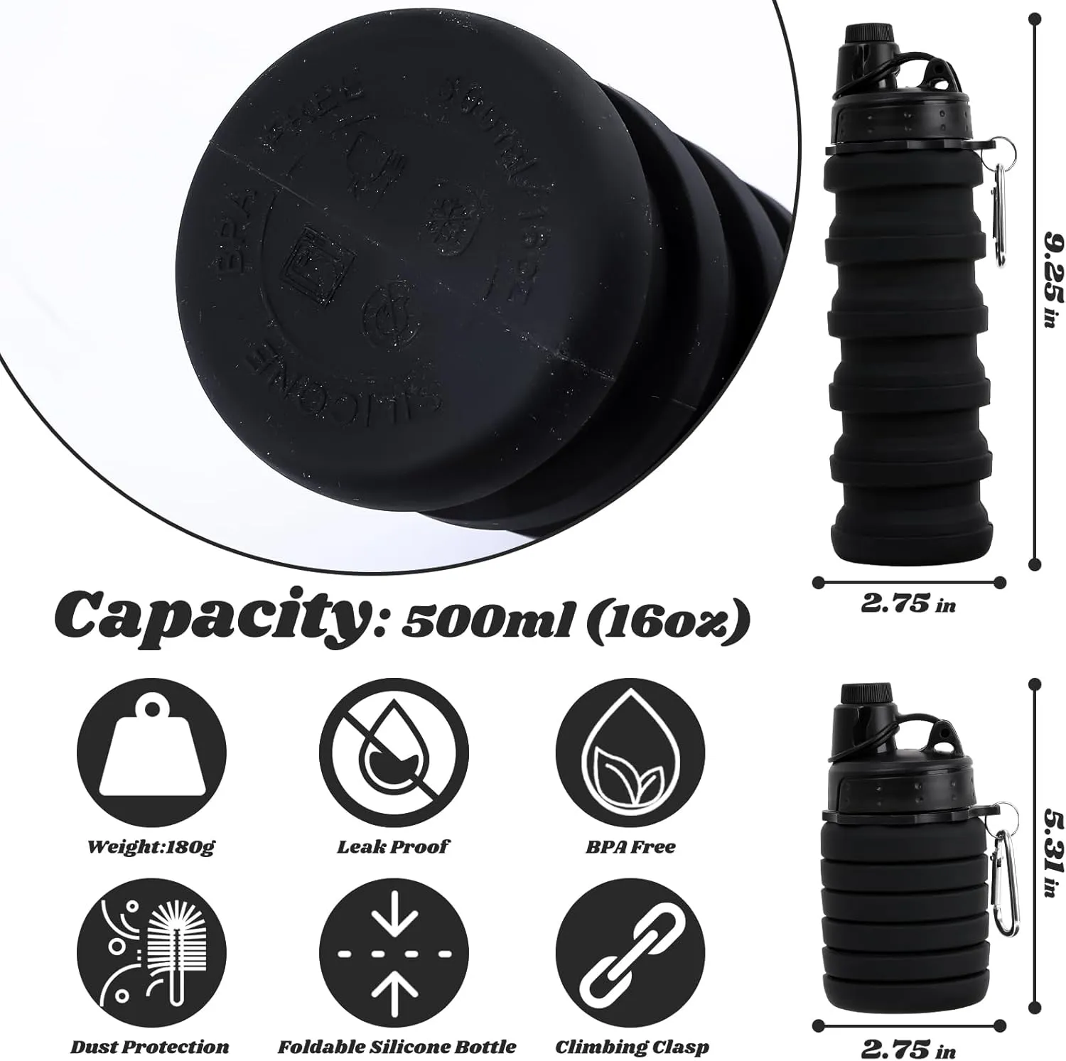 Collapsible Water Bottle for Adults, Boys, Students, Kids, Reusable Silicone Foldable Water Bottles for Travel Camping Hiking Sports,Leak-Proof Portable Sports Water Bottle ( Purple & Black)