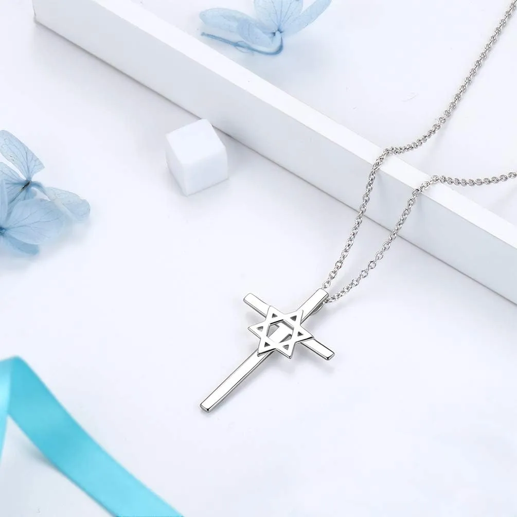 Cross Star Of David Necklace for Men Womens 925 Sterling Silver Jewish Messianic Megen David Charm Necklace for Women Cross Necklace Jewish David Jewelry Chrismtas Gifts for Women Mom with Gifts Box