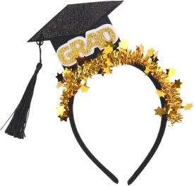 Ecuupas Graduation Cap Headband,Class of 2025 Hairband,GRAD Hair Hoop With Black Tassel,Gold Ribbon Design,Graduate Hair Accessories for Graduation Theme Party Photography Props