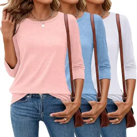 Ficerd 3 Pack 3/4 Sleeve Tops for Women Round Neck Dressy Basics Tees Casual Trendy Loose Fit T Shirts