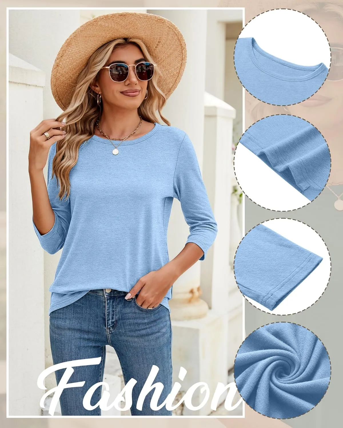 Ficerd 3 Pack 3/4 Sleeve Tops for Women Round Neck Dressy Basics Tees Casual Trendy Loose Fit T Shirts