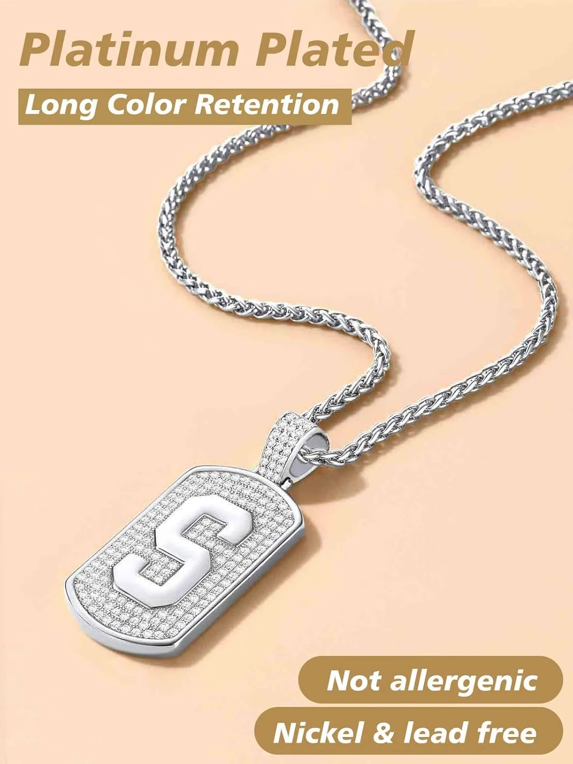 FindChic Bling Dog Tag Necklaces for Men Initial/Number/Dollar Design Cubic Zirconia Iced Platinum/Gold Plated Pendant Hip Hop Jewelry, with Gift Box