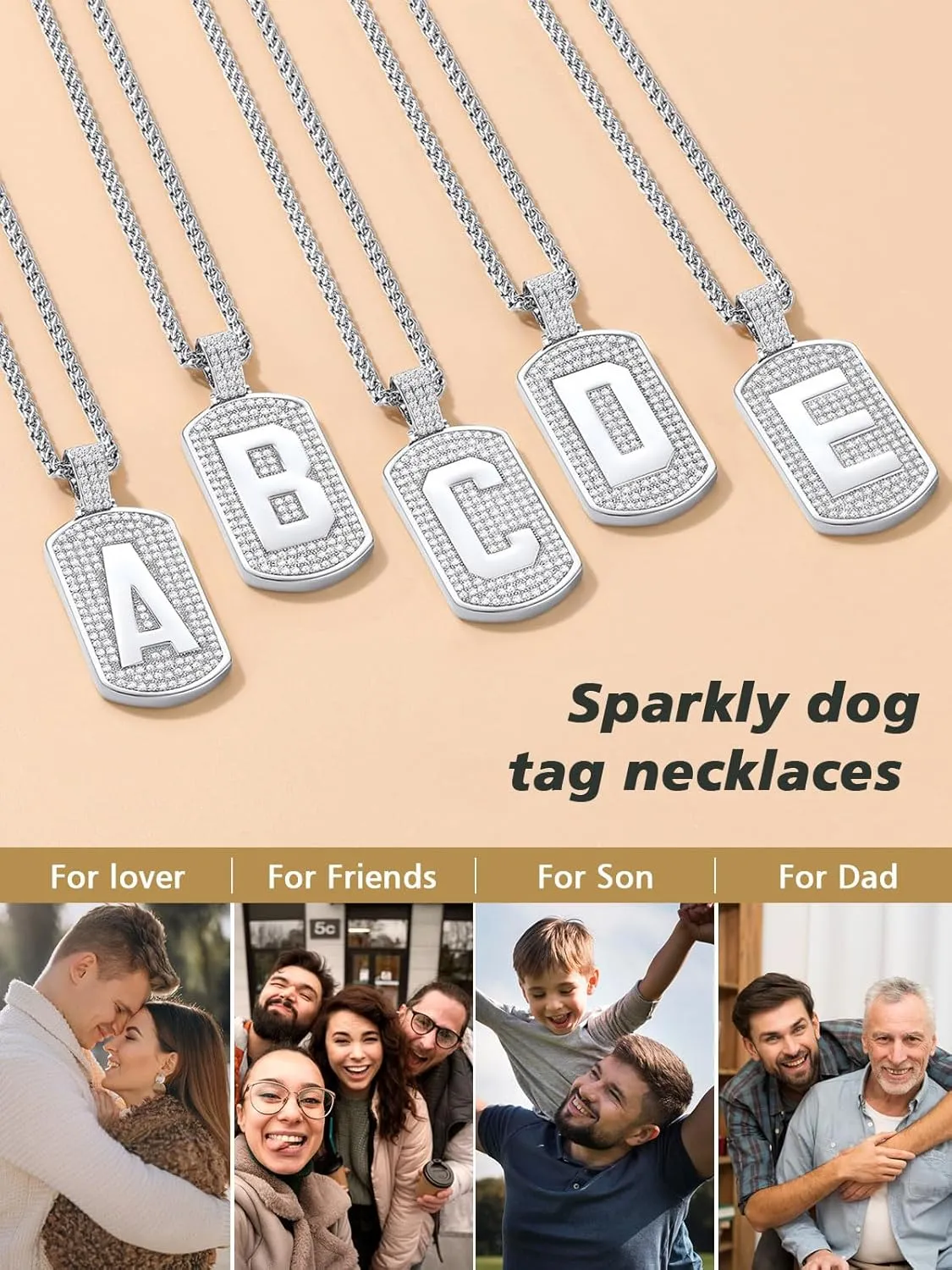 FindChic Bling Dog Tag Necklaces for Men Initial/Number/Dollar Design Cubic Zirconia Iced Platinum/Gold Plated Pendant Hip Hop Jewelry, with Gift Box