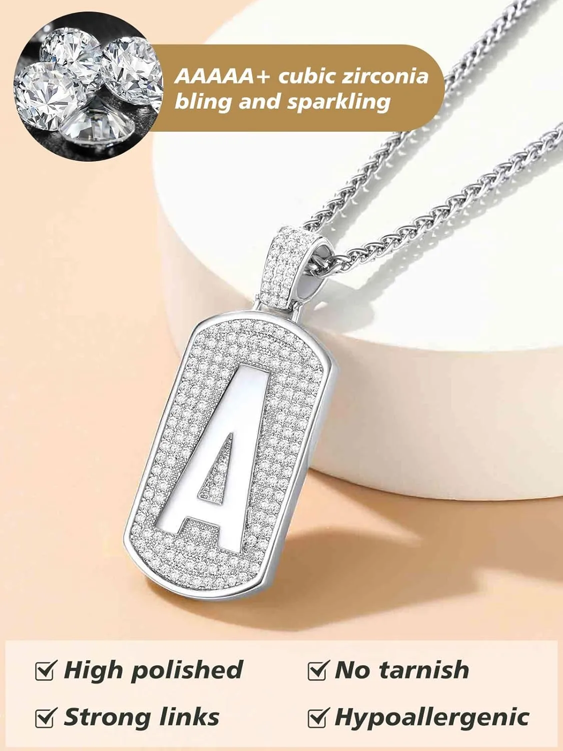 FindChic Bling Dog Tag Necklaces for Men Initial/Number/Dollar Design Cubic Zirconia Iced Platinum/Gold Plated Pendant Hip Hop Jewelry, with Gift Box