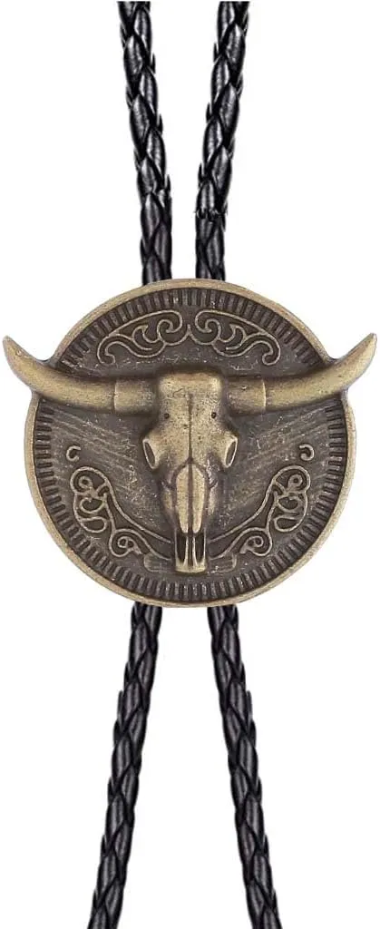 GelConnie Longhorn Bull Bolo Tie for Men Native American Western Cowboy Leather Necktie Bolo Necklace for Women Gold Texas