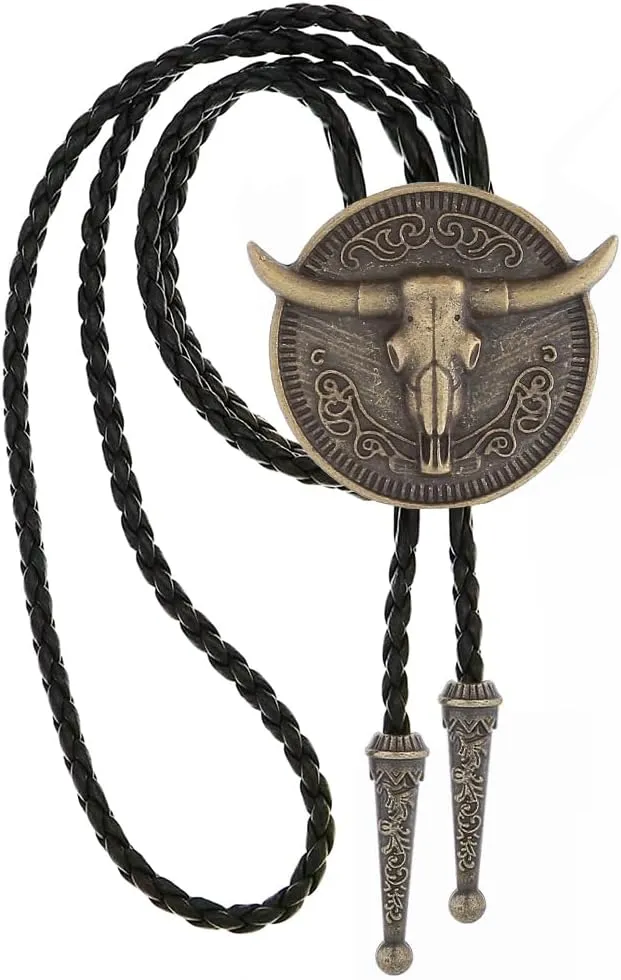 GelConnie Longhorn Bull Bolo Tie for Men Native American Western Cowboy Leather Necktie Bolo Necklace for Women Gold Texas