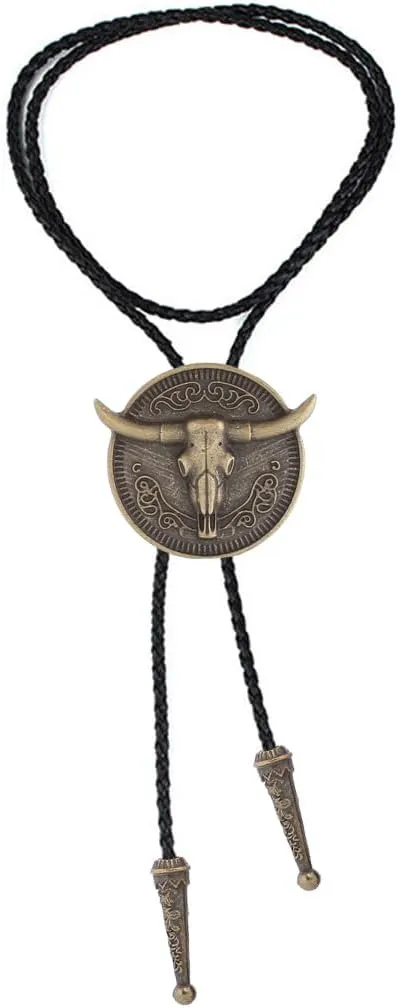GelConnie Longhorn Bull Bolo Tie for Men Native American Western Cowboy Leather Necktie Bolo Necklace for Women Gold Texas