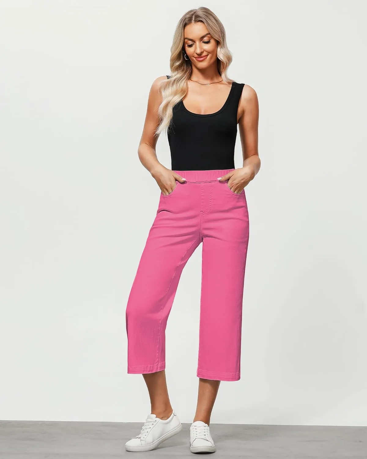 GRAPENT Capri Jeans for Women Wide Leg High Waisted Effortless Flow Pull On Stretchy Denim Elastic Waist Pants with Pockets