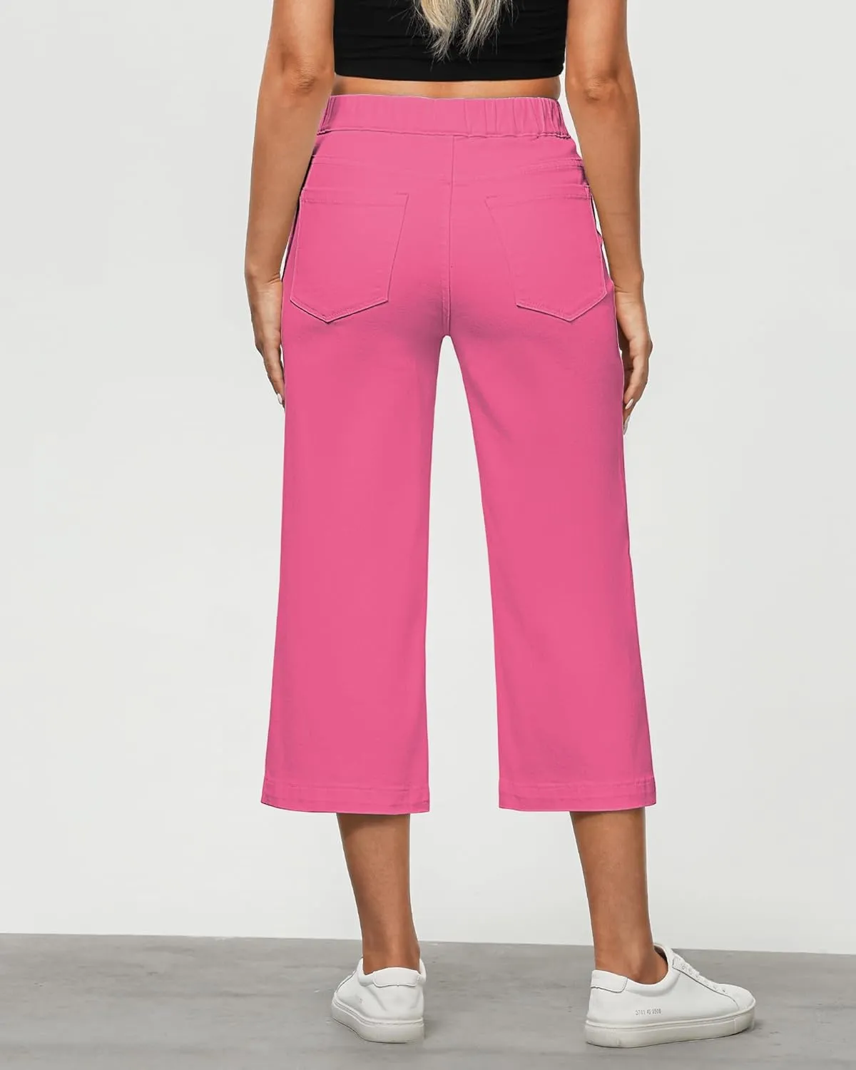 GRAPENT Capri Jeans for Women Wide Leg High Waisted Effortless Flow Pull On Stretchy Denim Elastic Waist Pants with Pockets