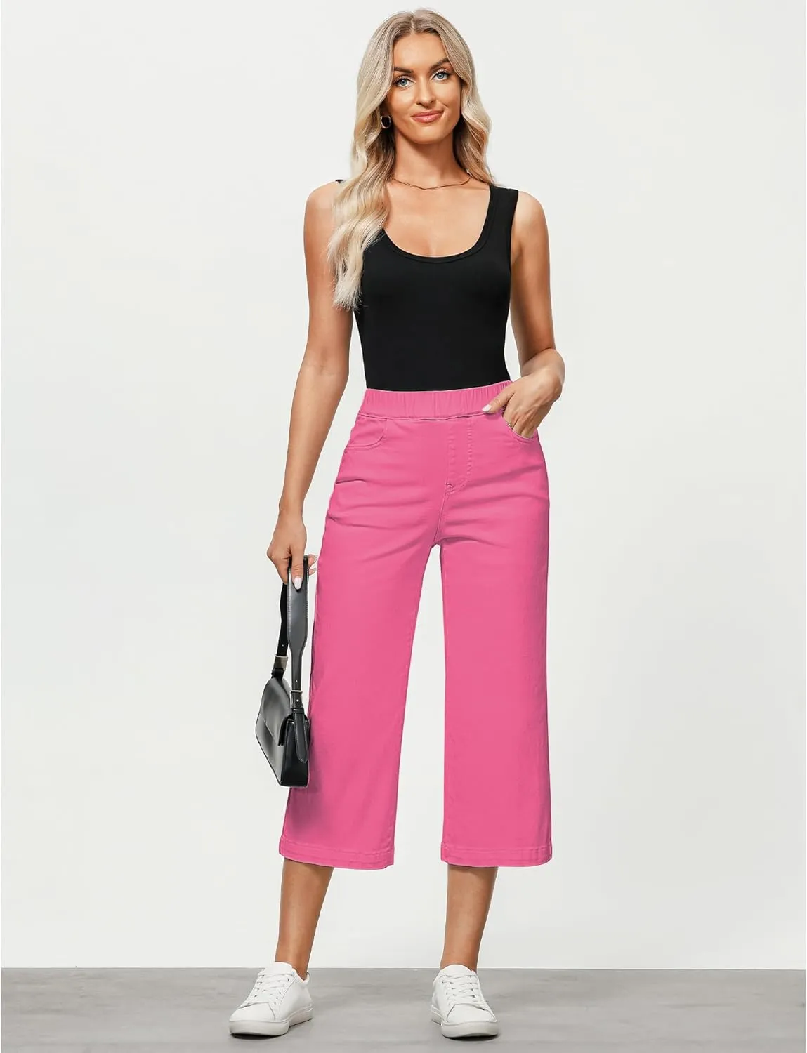 GRAPENT Capri Jeans for Women Wide Leg High Waisted Effortless Flow Pull On Stretchy Denim Elastic Waist Pants with Pockets