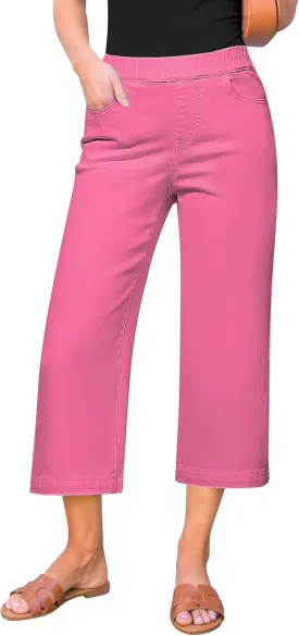 GRAPENT Capri Jeans for Women Wide Leg High Waisted Effortless Flow Pull On Stretchy Denim Elastic Waist Pants with Pockets