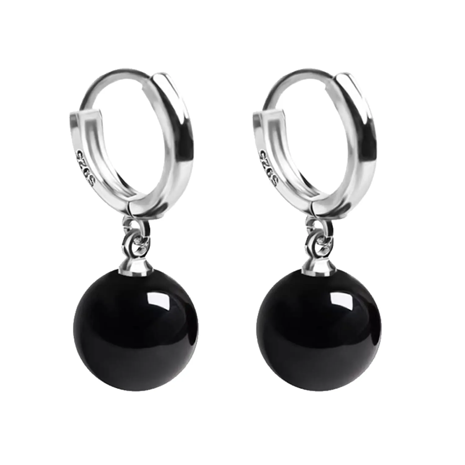 Handmade Jade Earrings Basic Gemstone Round 12MM Bead Ball Drop Dangle Earrings Rose Quartz Stone Earrings Natural Agate Bead Jade Drop Earrings for Women (Black)