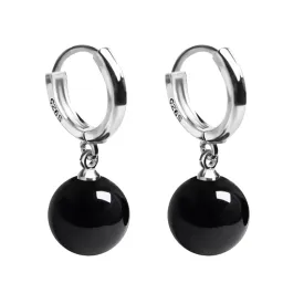 Handmade Jade Earrings Basic Gemstone Round 12MM Bead Ball Drop Dangle Earrings Rose Quartz Stone Earrings Natural Agate Bead Jade Drop Earrings for Women (Black)
