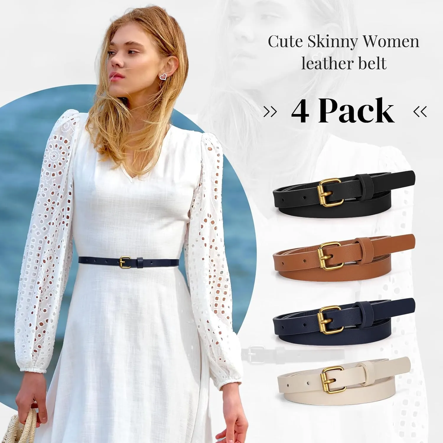 JASGOOD 4 Pack Skinny Women Leather Belt for Dresses Thin Waist Belt for Jeans Pants with Gold Buckle