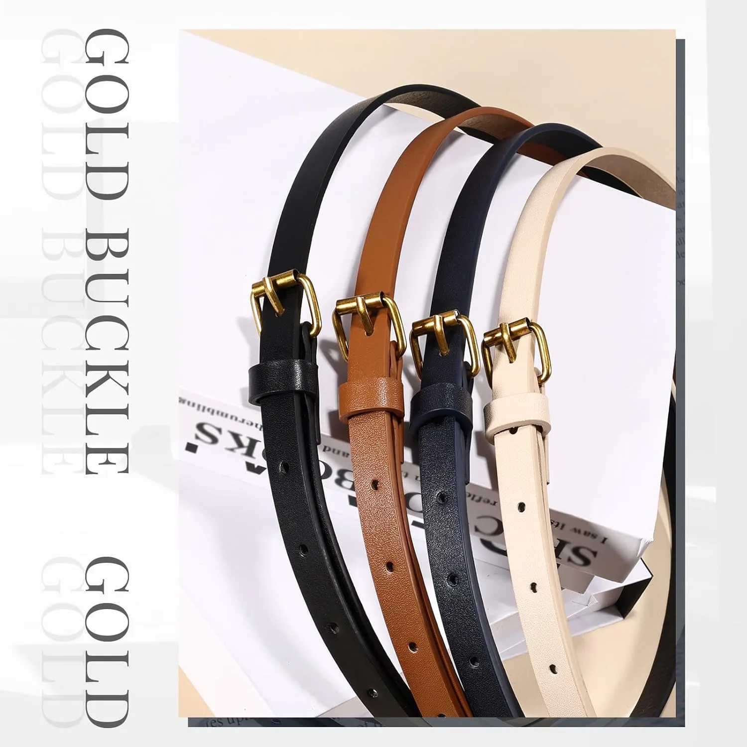 JASGOOD 4 Pack Skinny Women Leather Belt for Dresses Thin Waist Belt for Jeans Pants with Gold Buckle