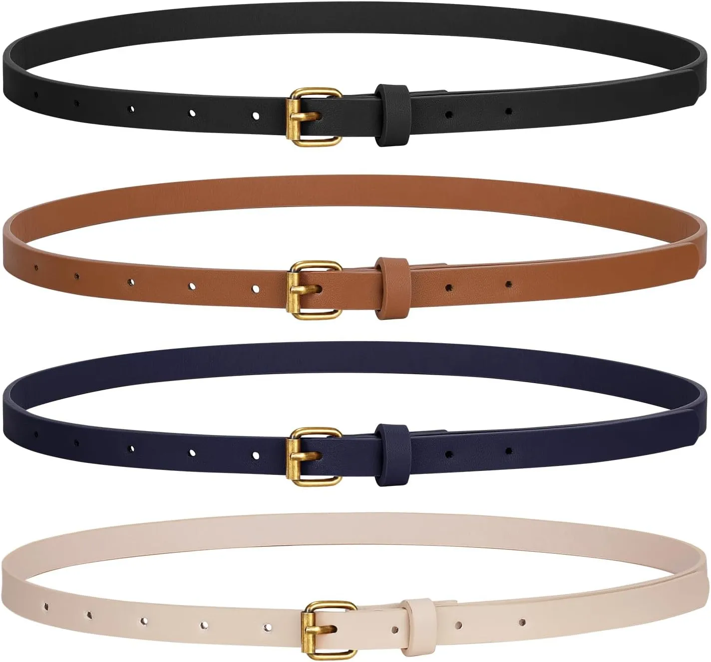 JASGOOD 4 Pack Skinny Women Leather Belt for Dresses Thin Waist Belt for Jeans Pants with Gold Buckle
