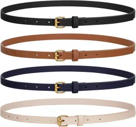 JASGOOD 4 Pack Skinny Women Leather Belt for Dresses Thin Waist Belt for Jeans Pants with Gold Buckle