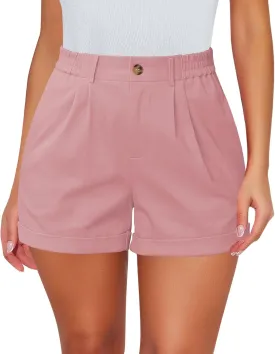 luvamia Shorts for Women High Waisted Dressy Casual Cotton Stretch Twill Elastic Wasit Pleated Summer Shorts with Pocket