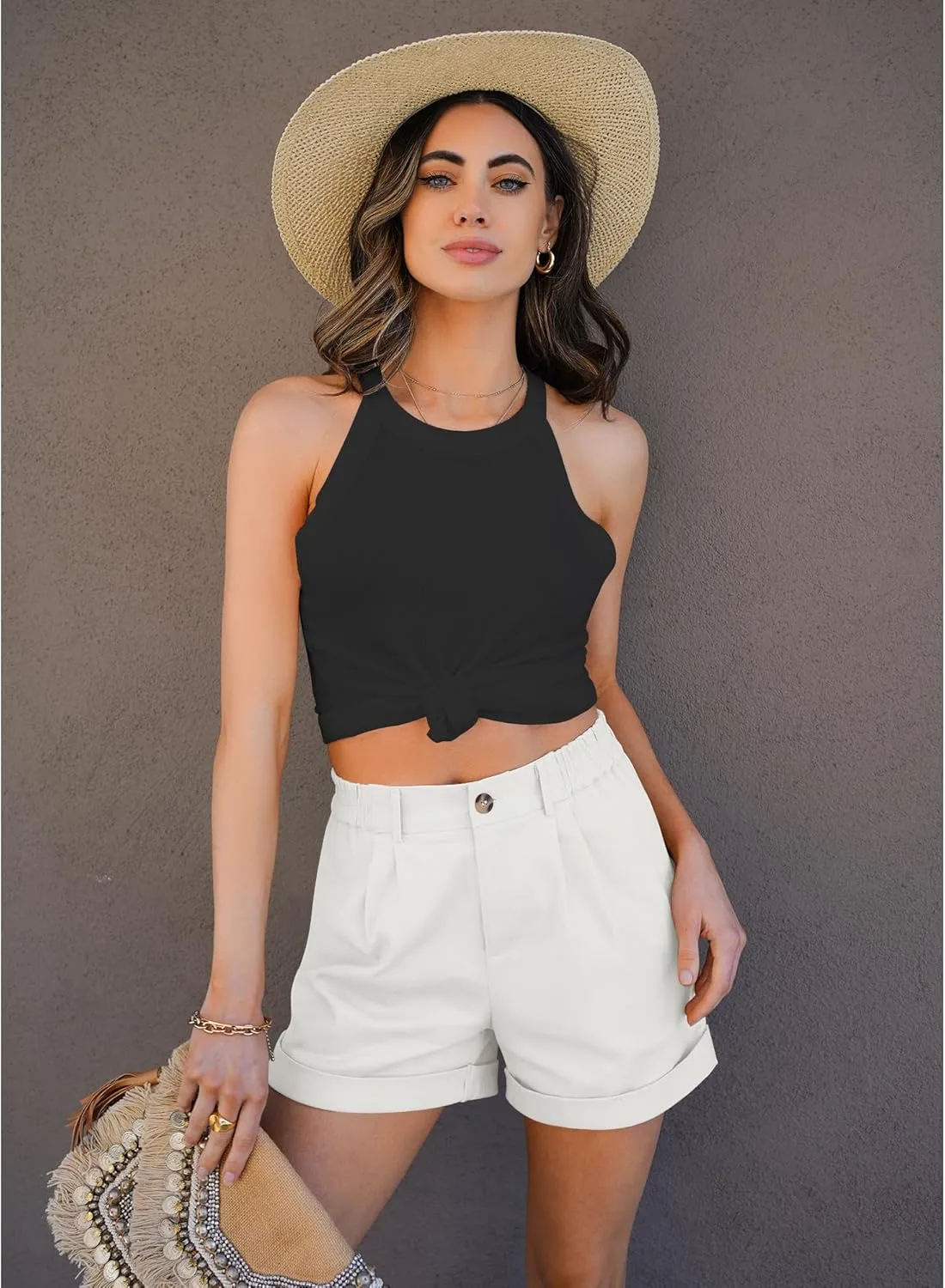 luvamia Shorts for Women High Waisted Dressy Casual Cotton Stretch Twill Elastic Wasit Pleated Summer Shorts with Pocket