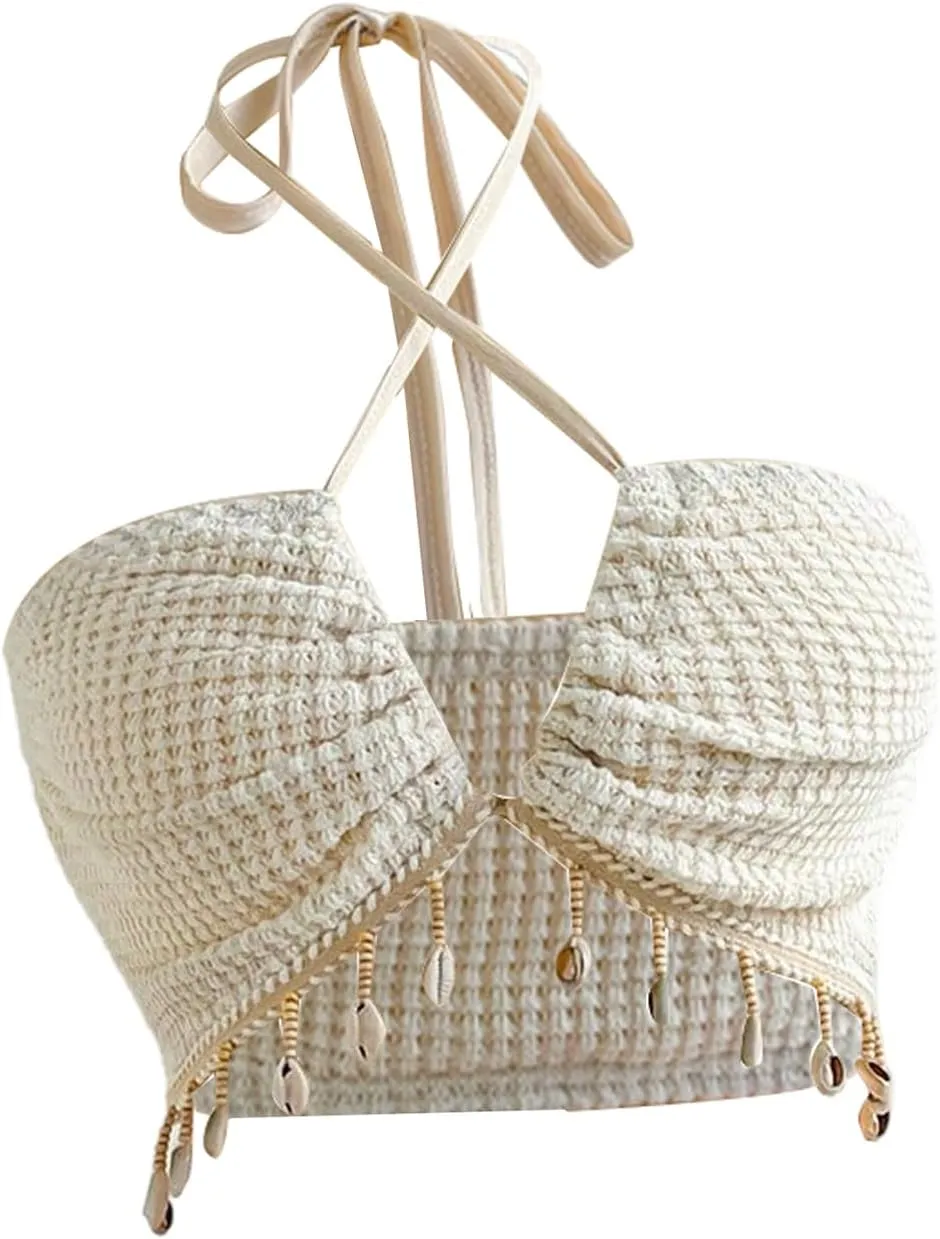 MakeMeChic Women's Summer Concert Tops Shell Fringe Halter Top Backless Beach Tank Tops