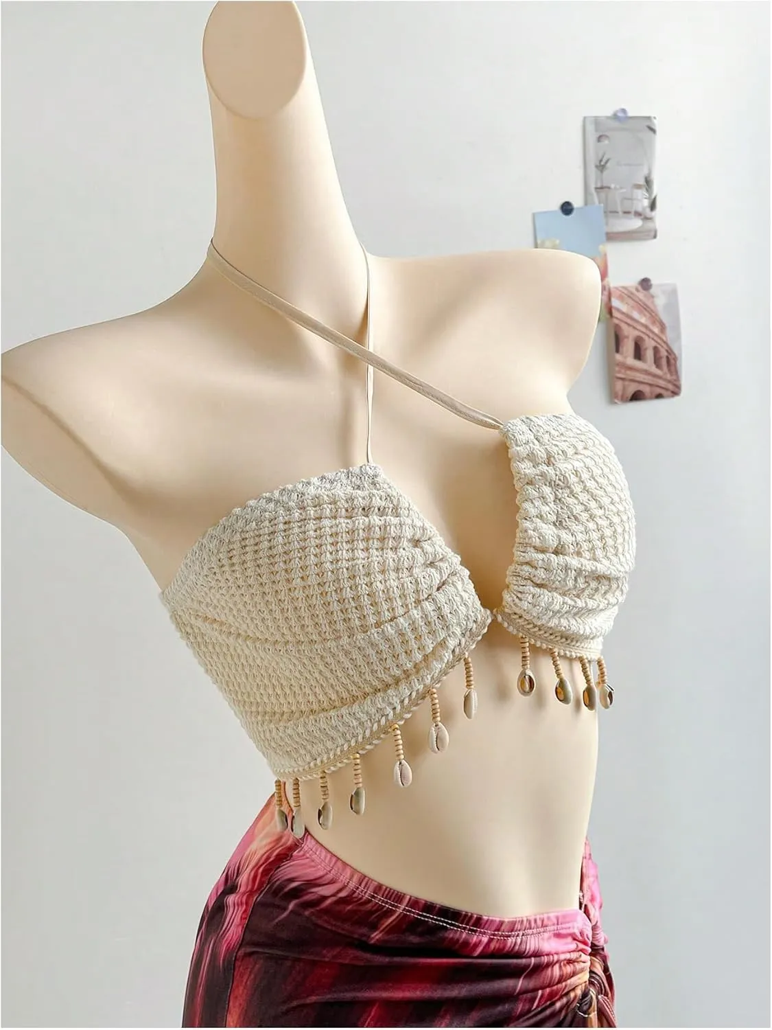 MakeMeChic Women's Summer Concert Tops Shell Fringe Halter Top Backless Beach Tank Tops