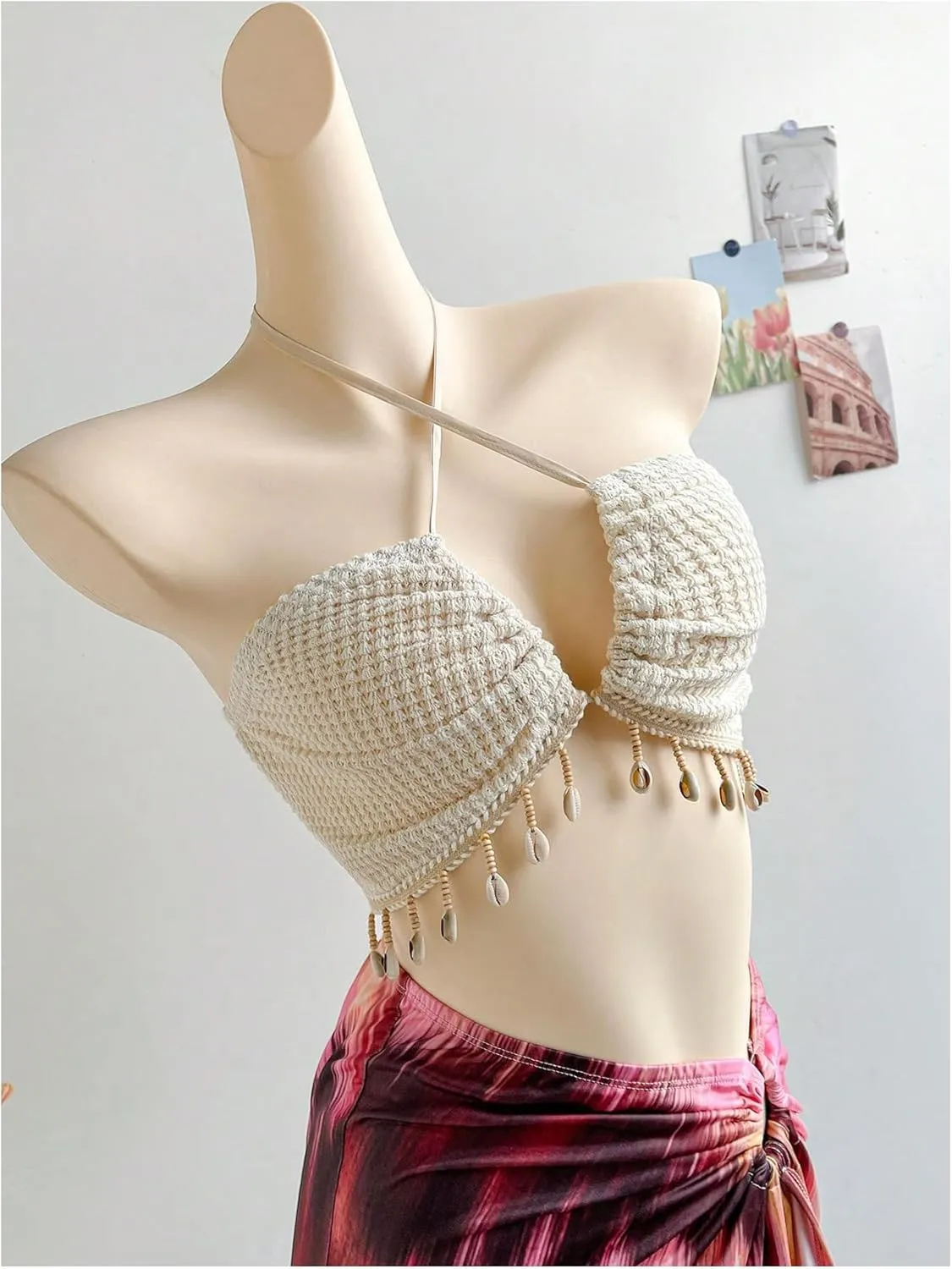 MakeMeChic Women's Summer Concert Tops Shell Fringe Halter Top Backless Beach Tank Tops