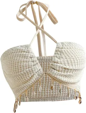 MakeMeChic Women's Summer Concert Tops Shell Fringe Halter Top Backless Beach Tank Tops