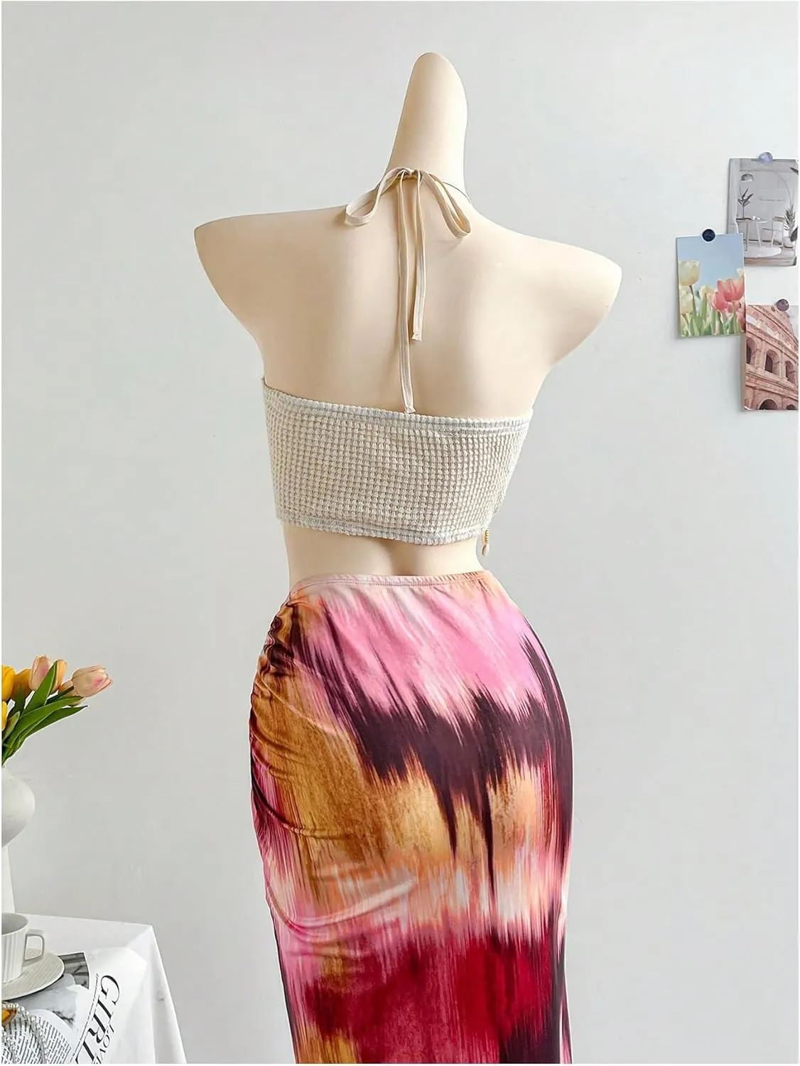 MakeMeChic Women's Summer Concert Tops Shell Fringe Halter Top Backless Beach Tank Tops