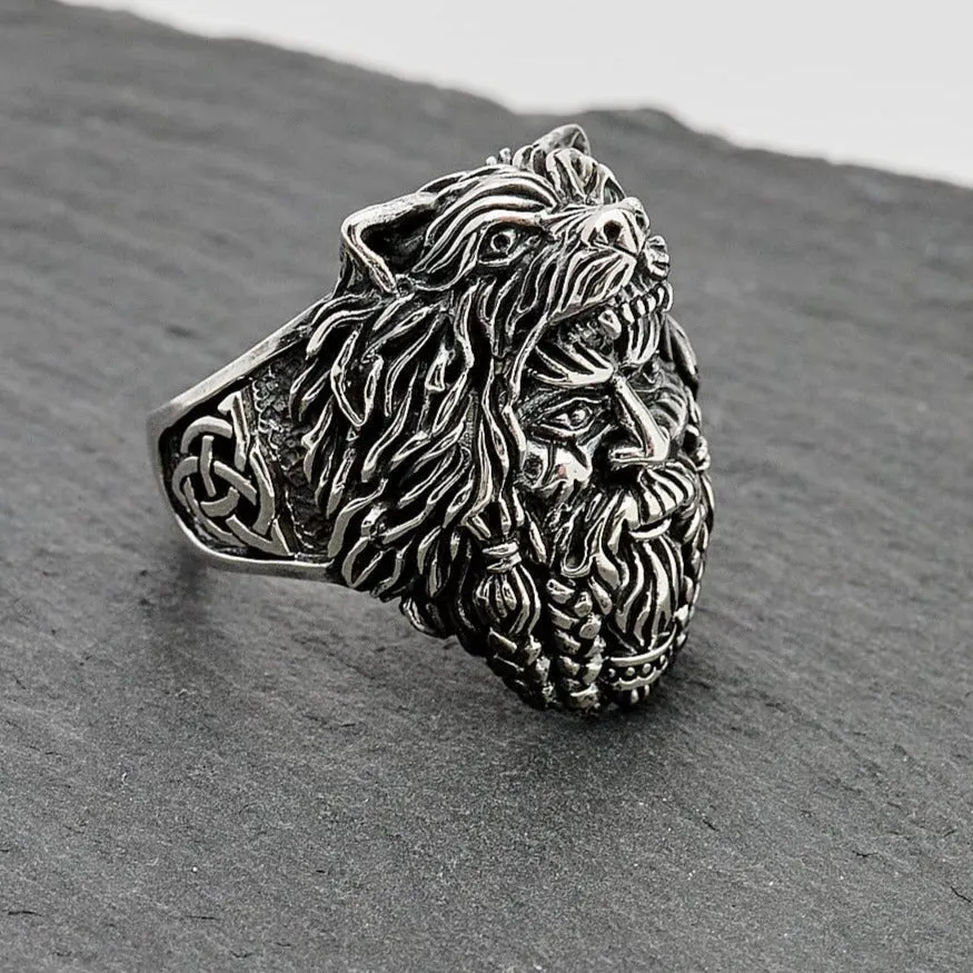 Mens Chunky 925 Sterling Silver Berserker Bear Warrior Viking Ring, Wolf Head Ring Biker Ring