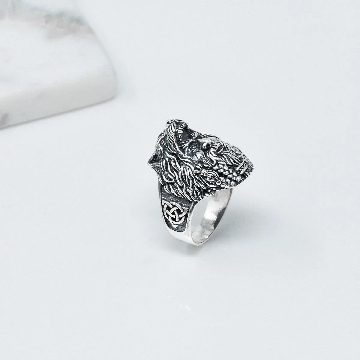 Mens Chunky 925 Sterling Silver Berserker Bear Warrior Viking Ring, Wolf Head Ring Biker Ring