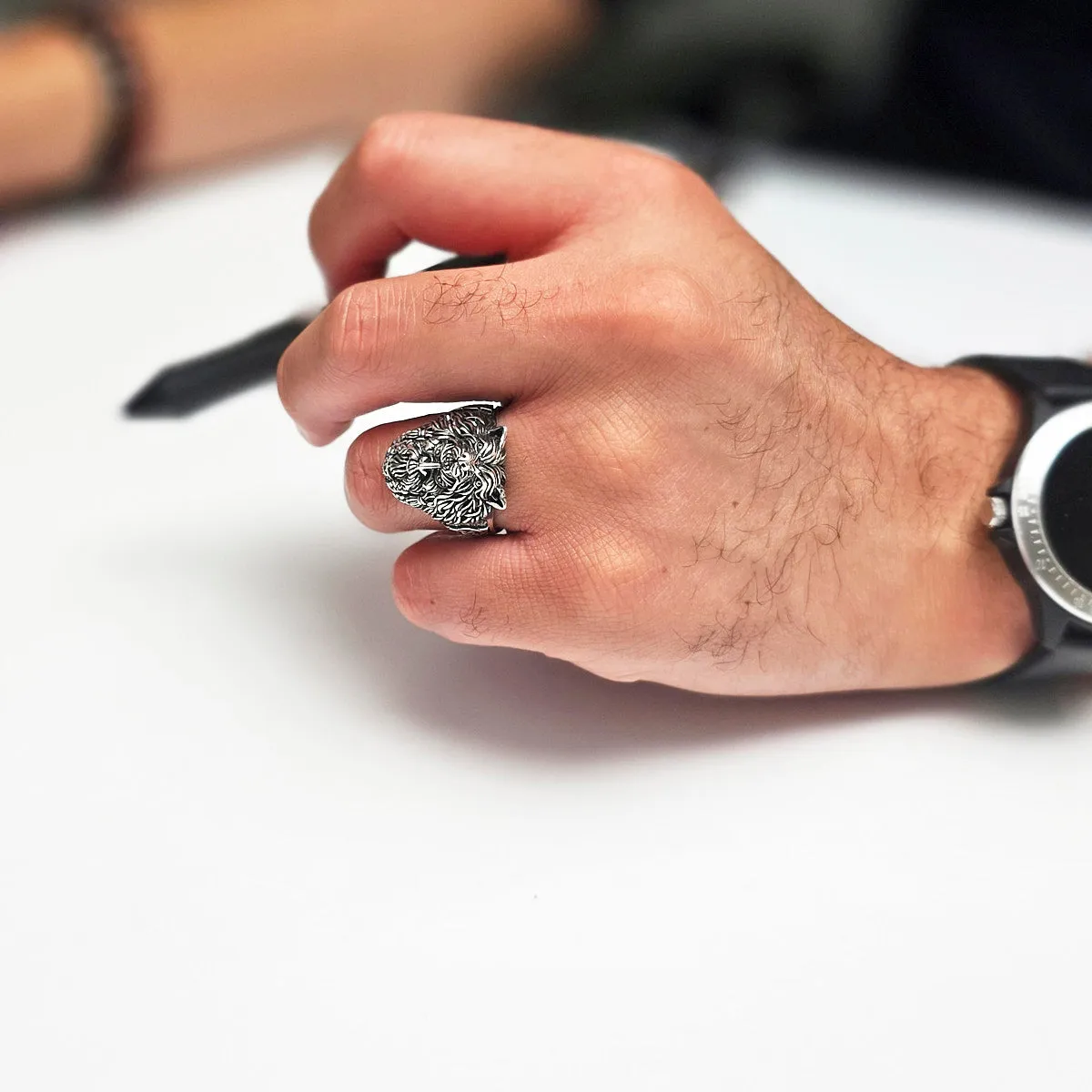 Mens Chunky 925 Sterling Silver Berserker Bear Warrior Viking Ring, Wolf Head Ring Biker Ring