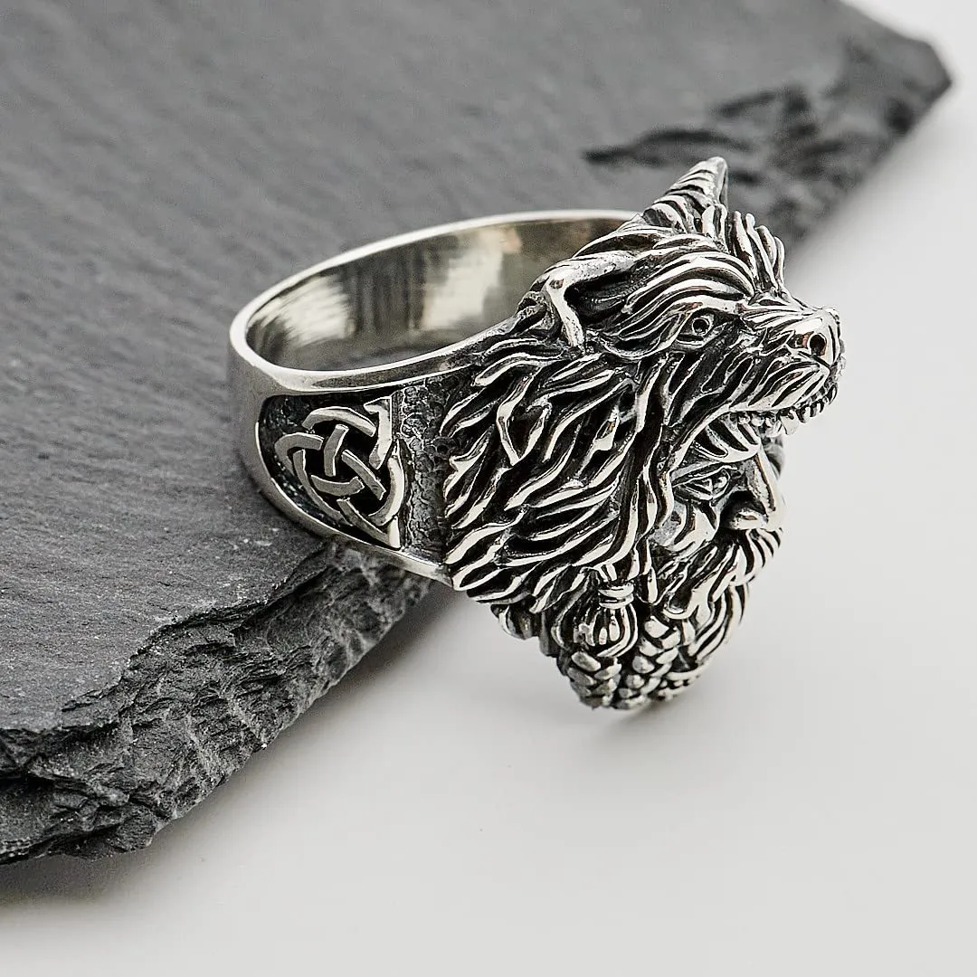 Mens Chunky 925 Sterling Silver Berserker Bear Warrior Viking Ring, Wolf Head Ring Biker Ring