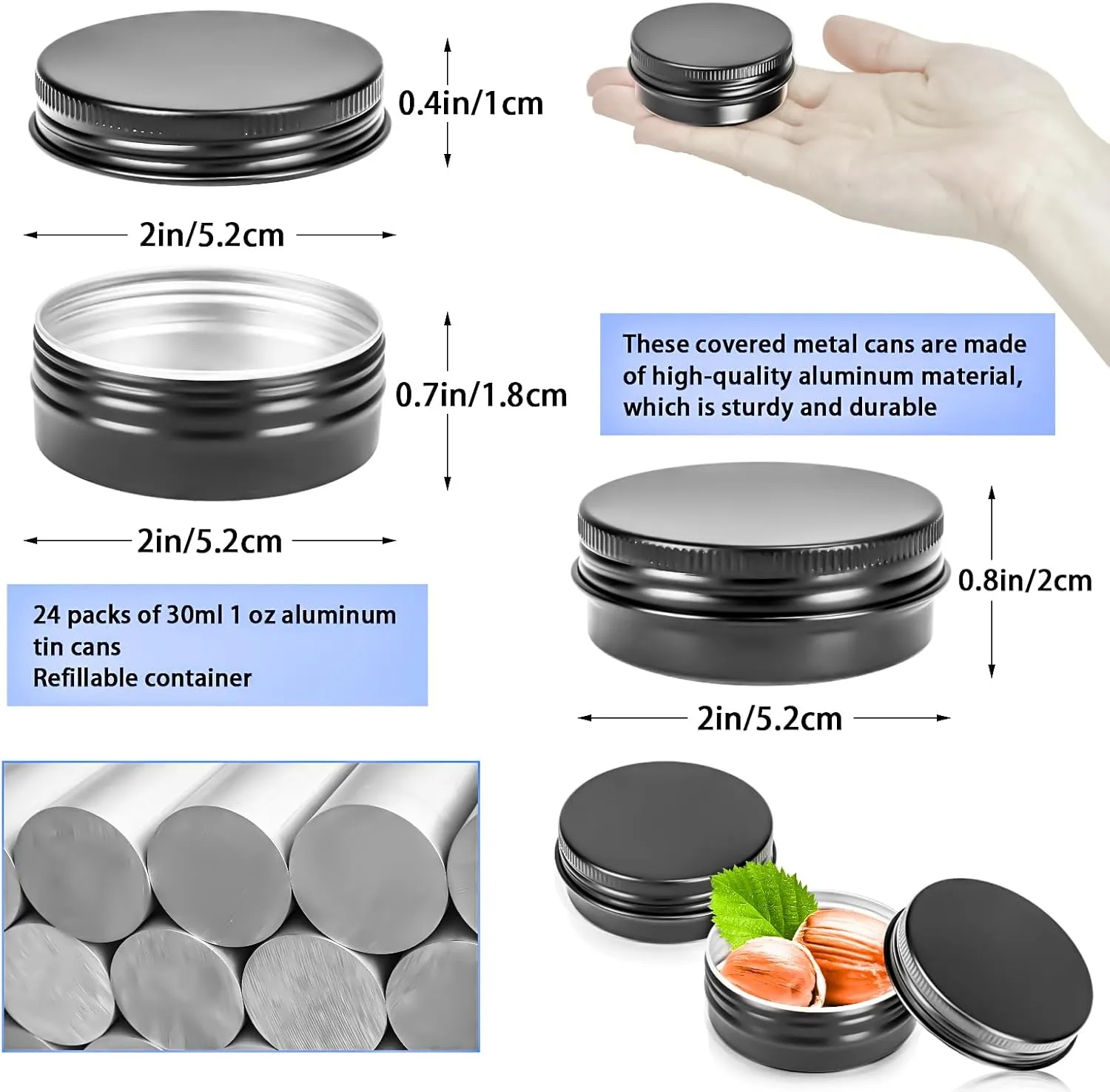 MotBach 24Pack 1oz Tin Jars, 30ml Metal Tin cans, 1Ounce Aluminum tin can jar Containers with Screw Lid for Lotion Bars, Toiletries, Creams, Samples, Makeup Cosmetic, Spices, Salve, Balms, Beard Balm