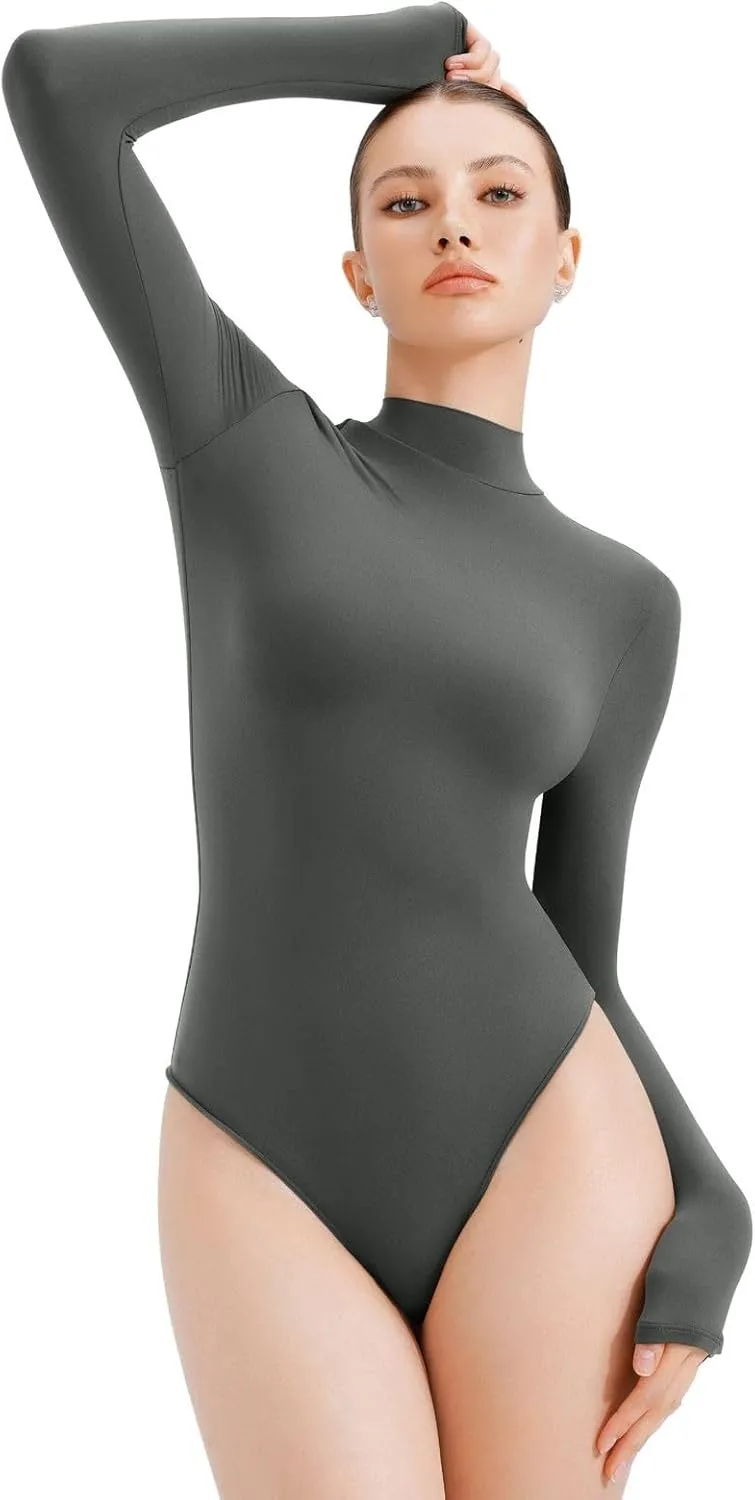 REORIA Women's Turtle Neck Long Sleeve Bodysuit Basic Slim Fit Double Lined Lightweight Layering Top for Fall & Winter