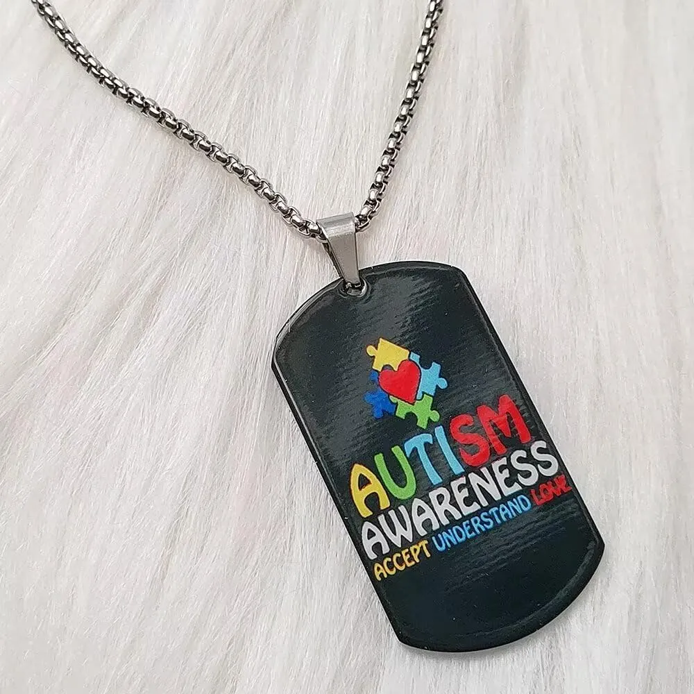 Stainless Steel Puzzle Piece Autism Autistic Pendant Necklace Jewelry Unisex Graphic Necklace Autism Dog Tag Pendant Necklace for Women Men Gift