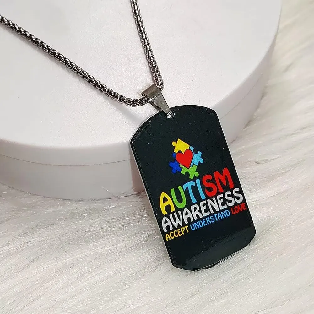 Stainless Steel Puzzle Piece Autism Autistic Pendant Necklace Jewelry Unisex Graphic Necklace Autism Dog Tag Pendant Necklace for Women Men Gift