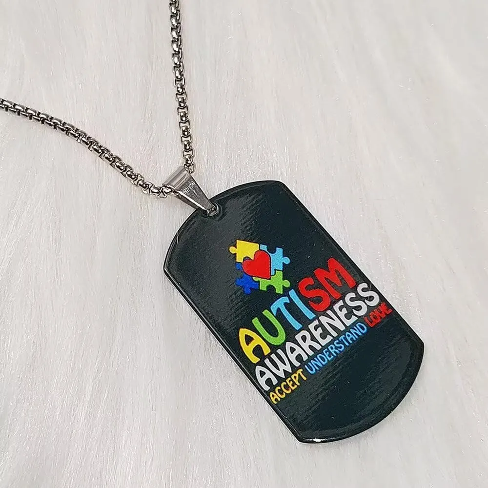 Stainless Steel Puzzle Piece Autism Autistic Pendant Necklace Jewelry Unisex Graphic Necklace Autism Dog Tag Pendant Necklace for Women Men Gift